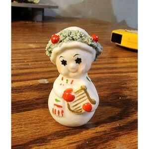 Vintage Japan Bone China Miniature Star Eye Snowman Figurine, Spaghetti Trim Hat